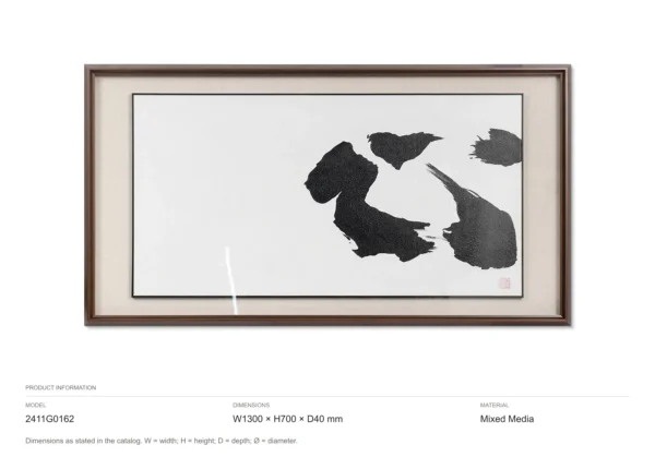 Wide Ink Brushstroke Art in Walnut Frame, 130 x 70 cm — dimensions