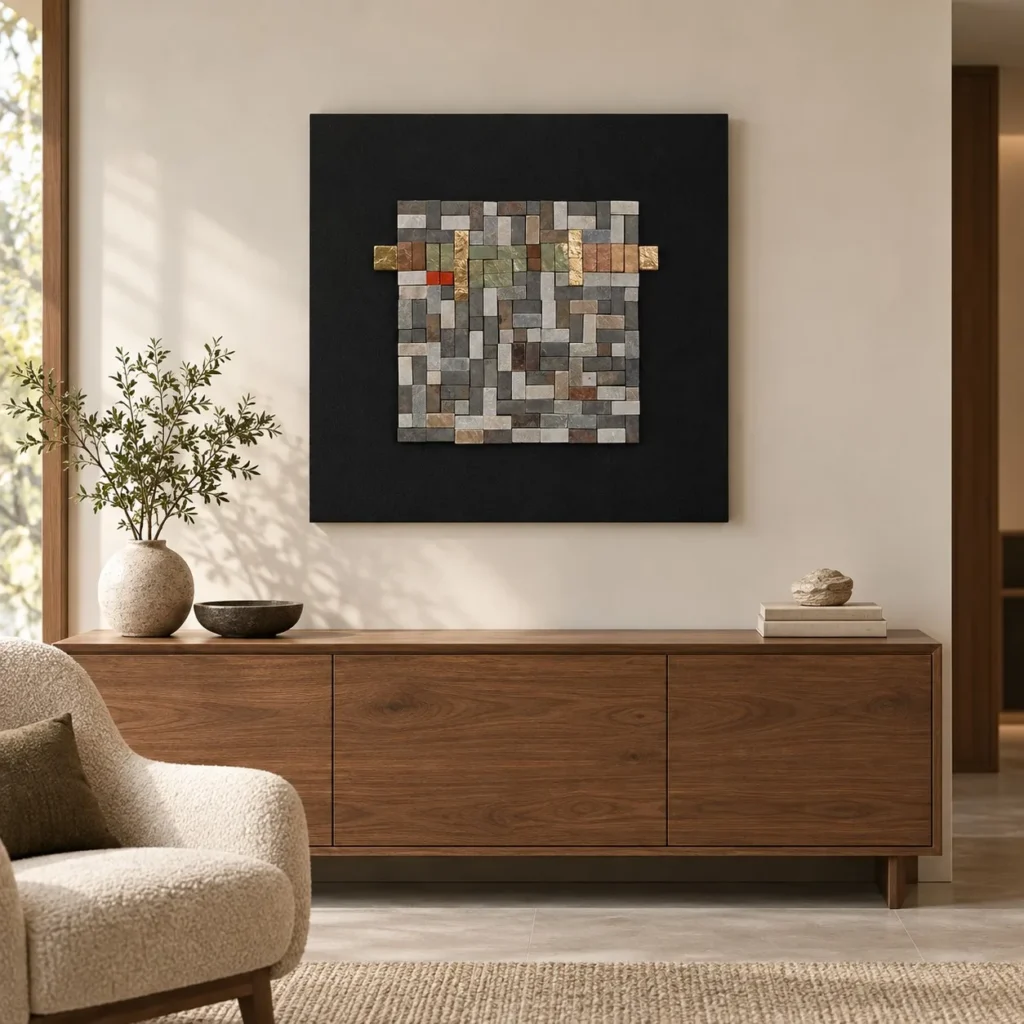 Stone Mosaic Square on Black, 70 x 70 cm in black — front view