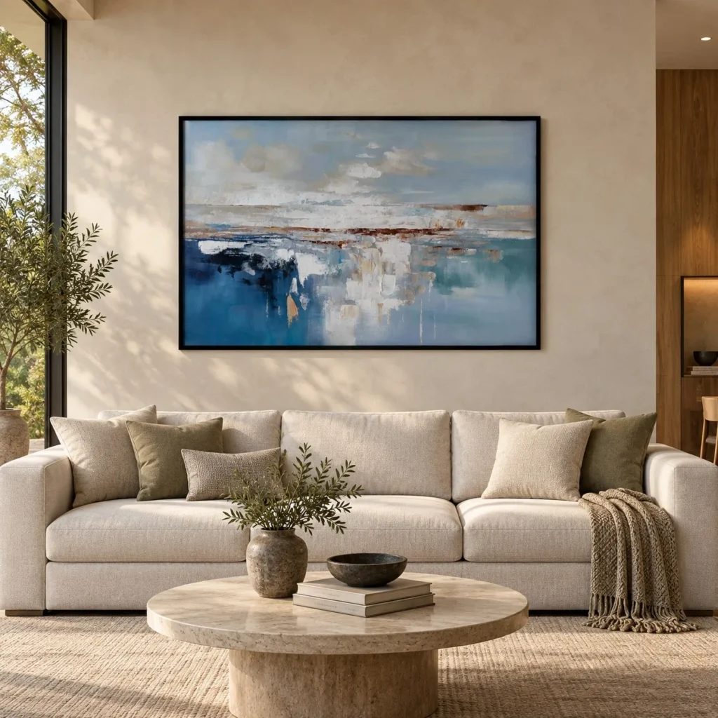 Wide Coastal Abstract Painting in blue — front view
