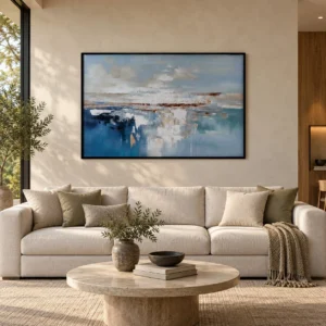 Wide Coastal Abstract Painting in blue — front view