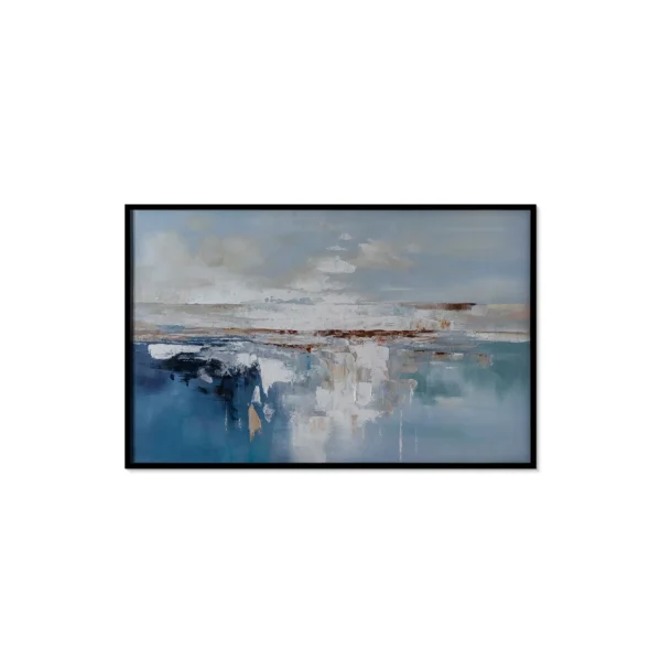 Wide Coastal Abstract Painting in blue — in a room setting