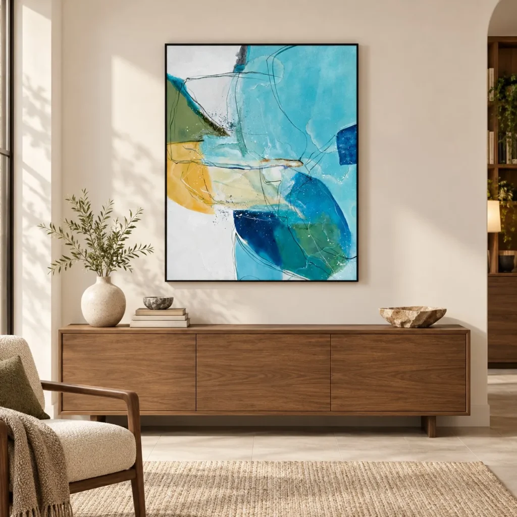 Aqua and Yellow Abstract Painting in blue — front view