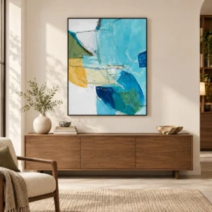 Aqua and Yellow Abstract Painting in blue — front view