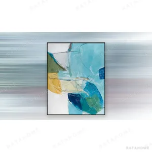 Aqua and Yellow Abstract Painting in blue — in a room setting