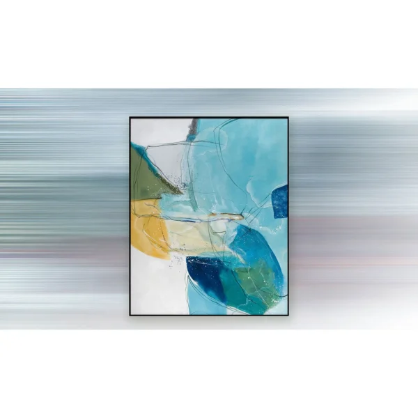 Aqua and Yellow Abstract Painting in blue — in a room setting