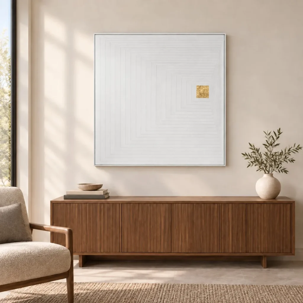 White Concentric Square Relief with Gold Seal, 80 x 80 cm in ivory — front view