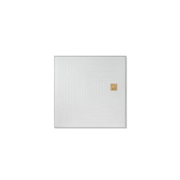 White Concentric Square Relief with Gold Seal, 80 x 80 cm in ivory — in a room setting