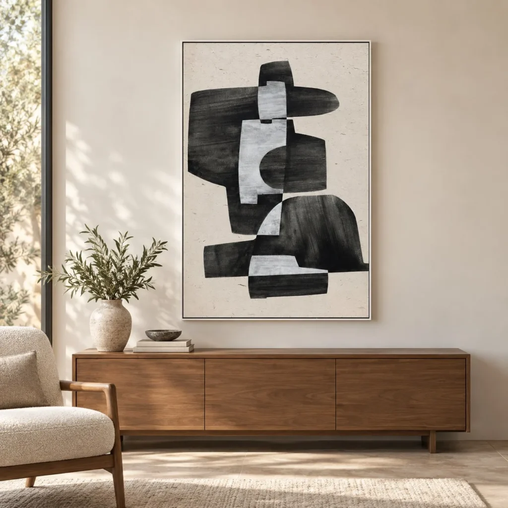 Black Stacked Form Painting in Light Frame, 80 x 120 cm — front view