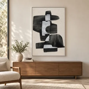 Black Stacked Form Painting in Light Frame, 80 x 120 cm — front view