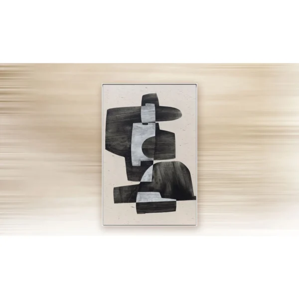 Black Stacked Form Painting in Light Frame, 80 x 120 cm — in a room setting