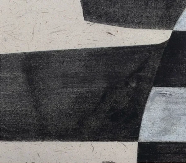 Black Stacked Form Painting in Light Frame, 80 x 120 cm — detail