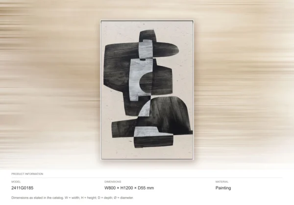 Black Stacked Form Painting in Light Frame, 80 x 120 cm — dimensions