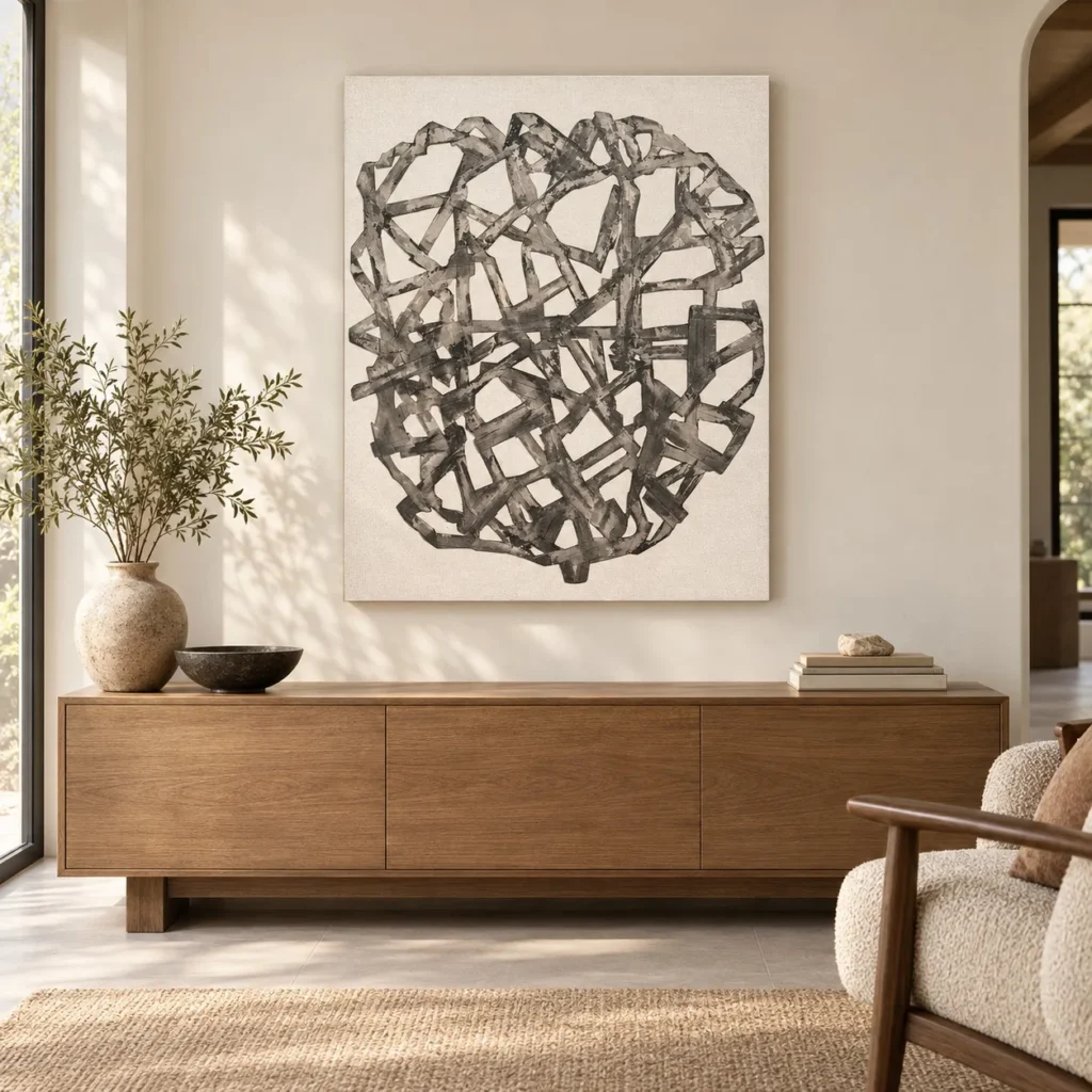 Grey Ink Ribbon Tangle Painting, 80 x 100 cm in slate — front view