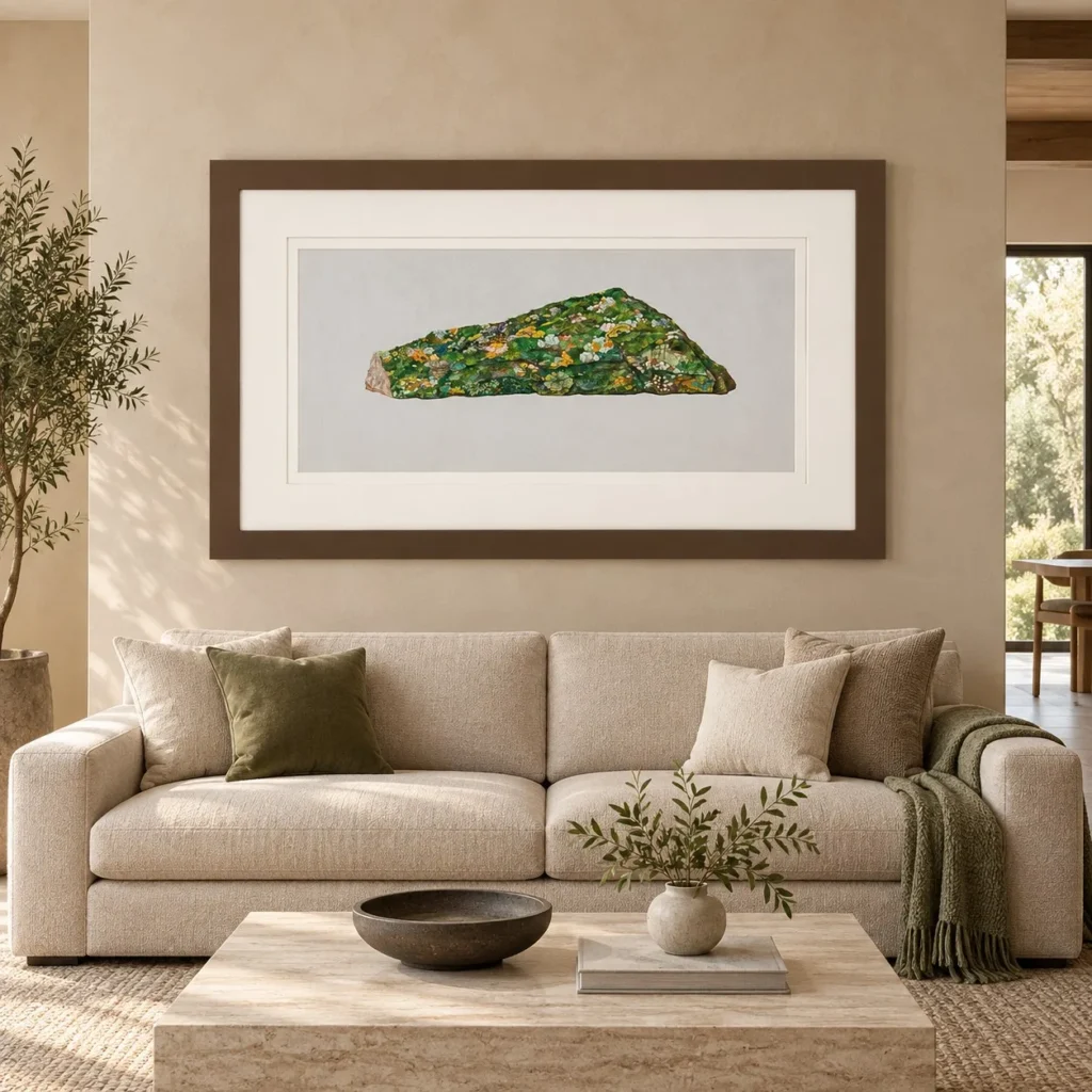 Wide Malachite Fragment Art in Walnut Frame, 180 x 107 cm — front view