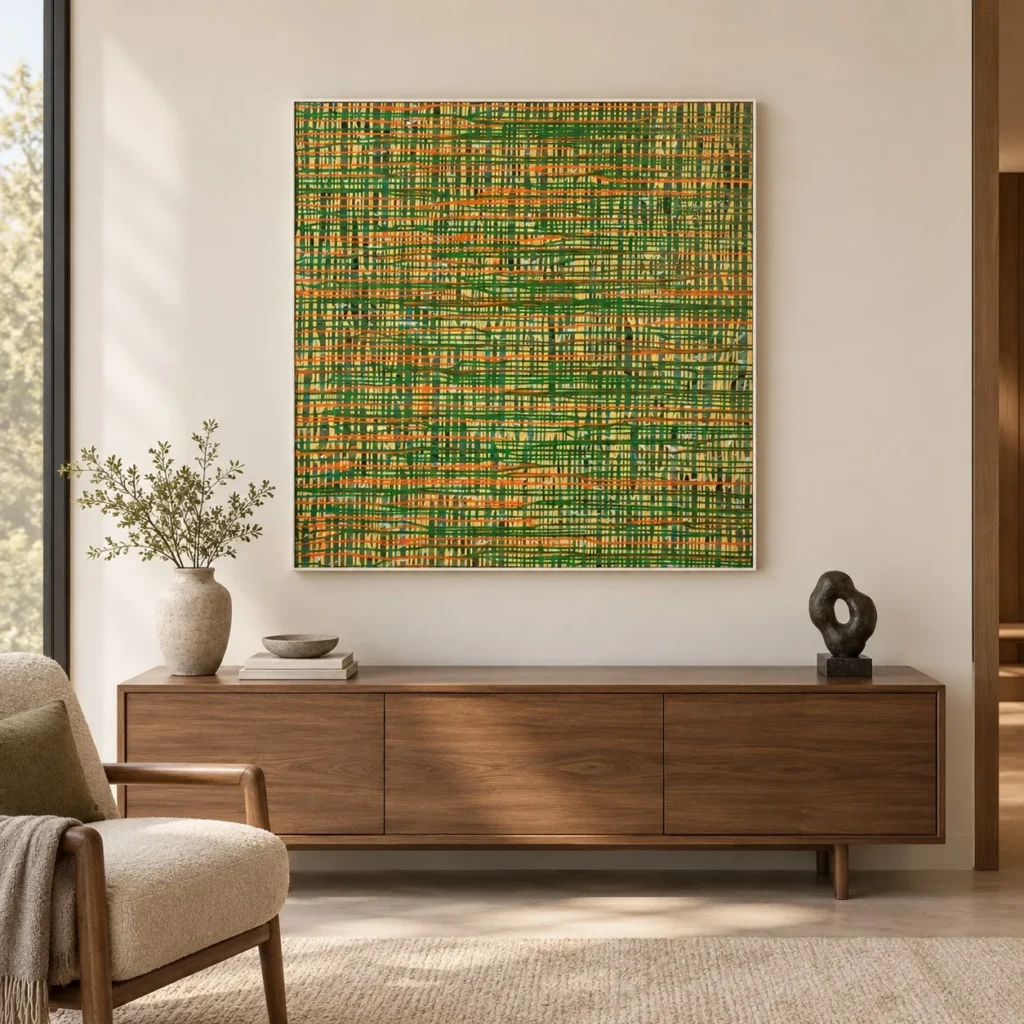 Green and Gold Woven Grid Textured Wall Art, 100 x 100 cm in olive — front view