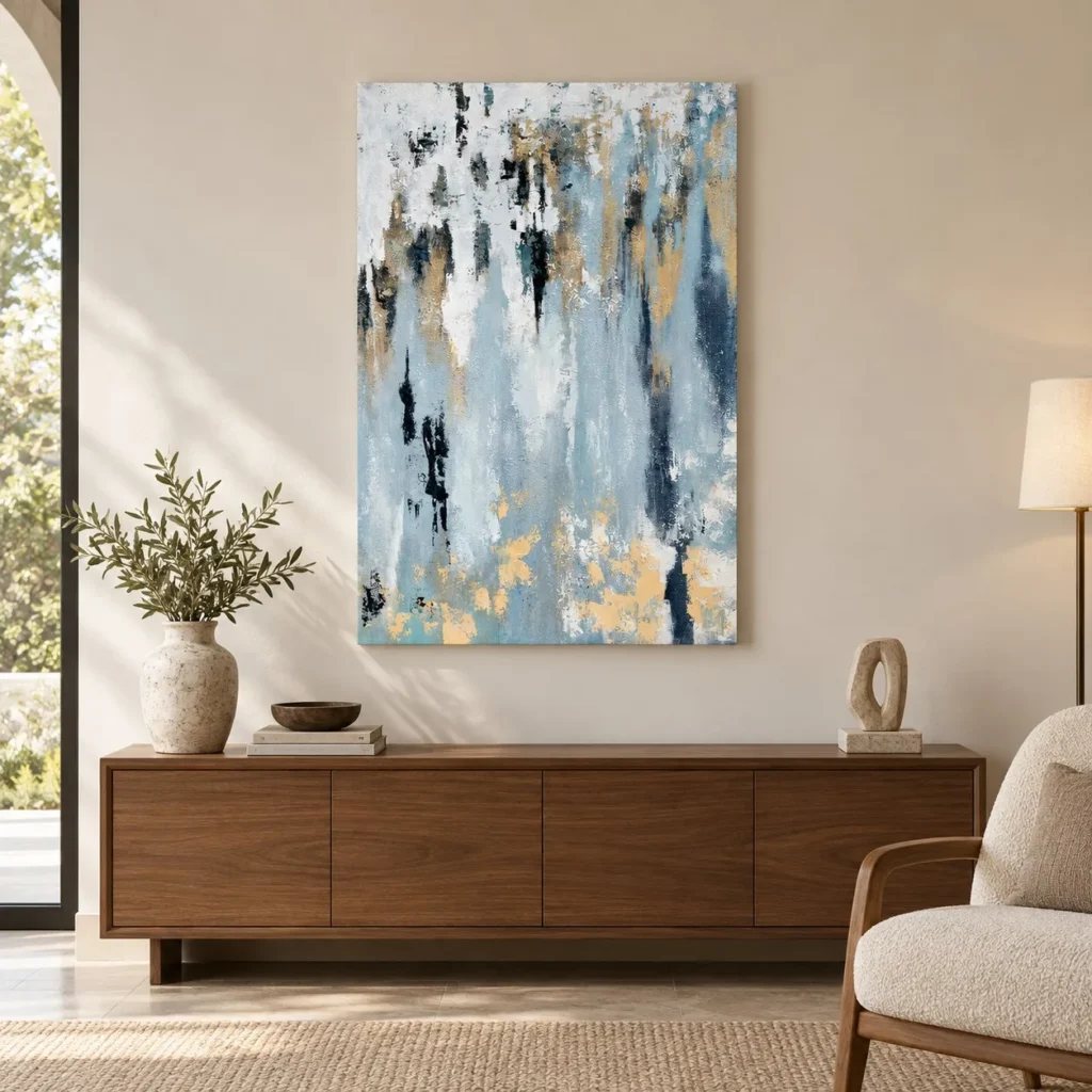 Blue and Gold Drip Abstract Painting, 60 x 90 cm in blue — front view
