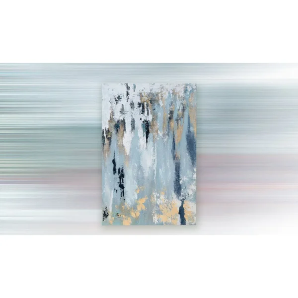 Blue and Gold Drip Abstract Painting, 60 x 90 cm in blue — in a room setting