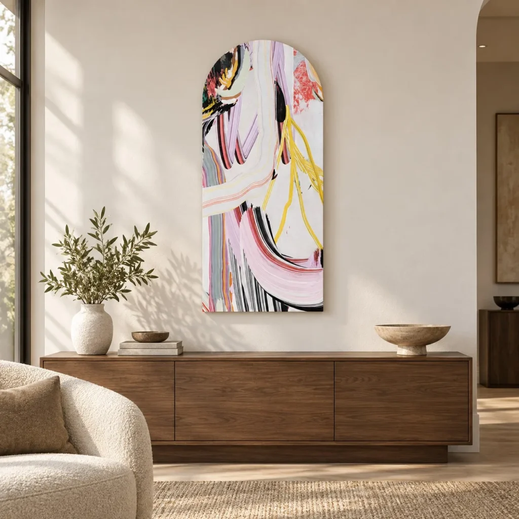 Arched Pink Ribbon Abstract Wall Art, 50 x 110 cm in rose stone — front view