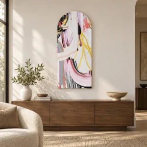 Arched Pink Ribbon Abstract Wall Art, 50 x 110 cm in rose stone — front view