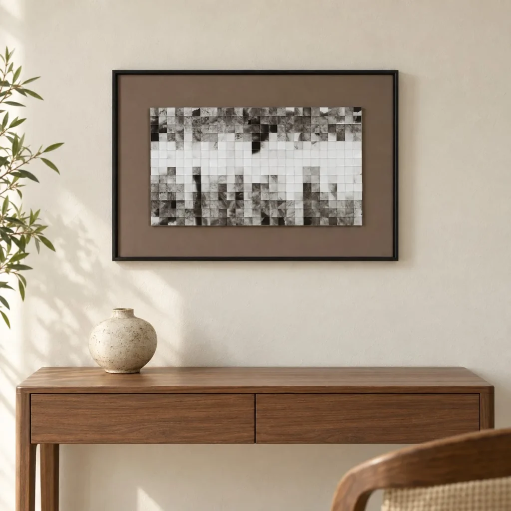 Grey Pixel Mosaic in Brown Frame, 56 x 38 cm — front view