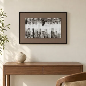 Grey Pixel Mosaic in Brown Frame, 56 x 38 cm — front view