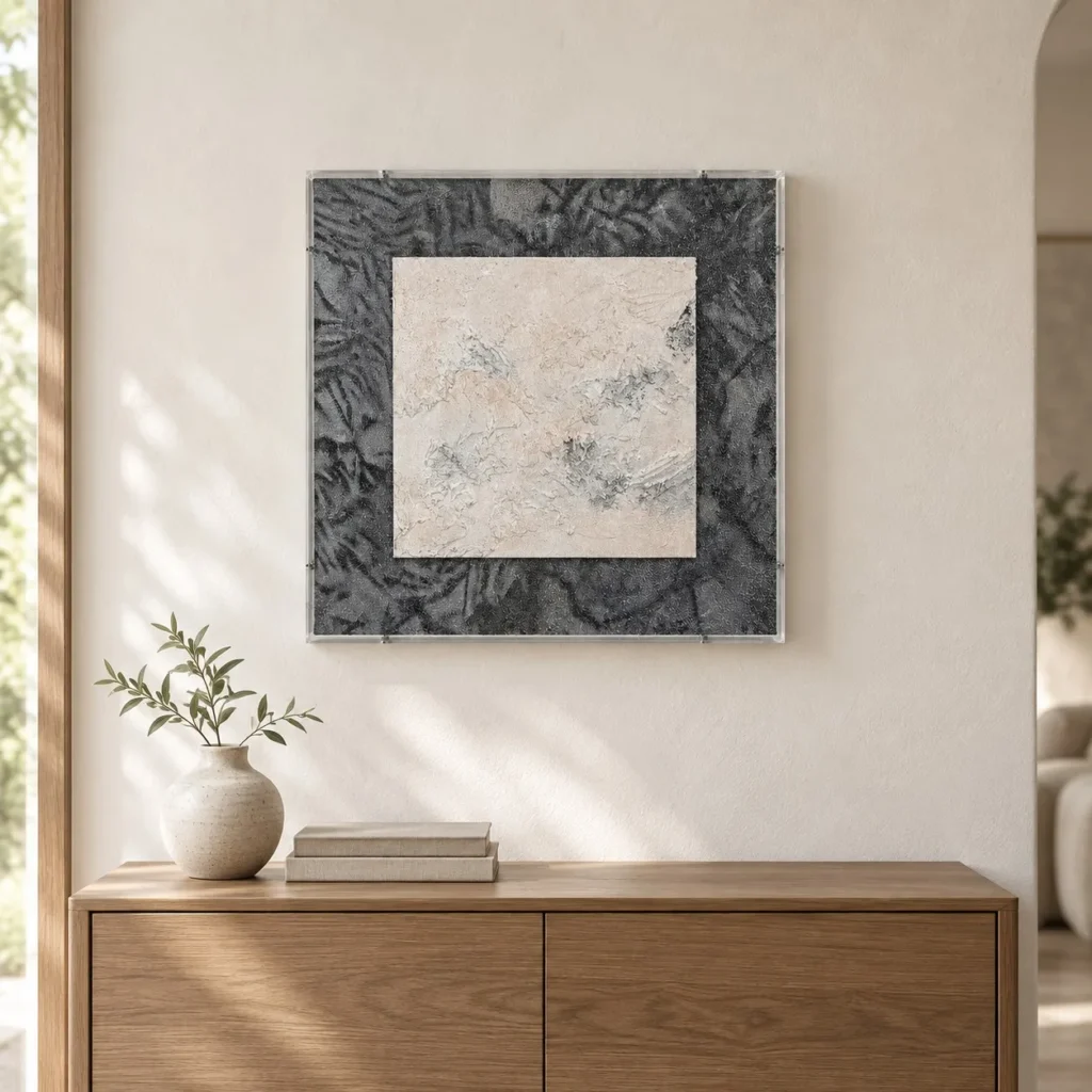 Blush Plaster on Charcoal Textured Painting, 50 x 50 cm in rose stone — front view