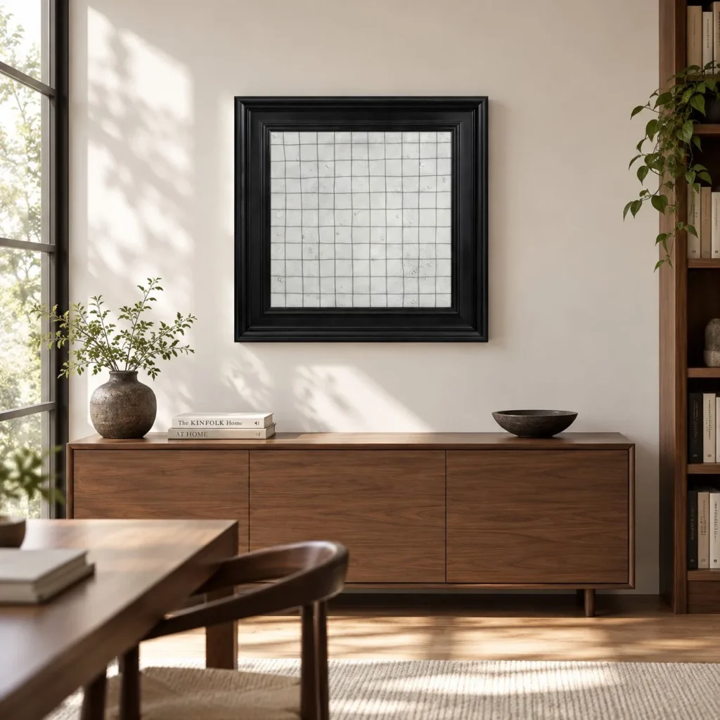 Grey Grid Textured Wall Art in Black Frame, 70 x 70 cm — front view