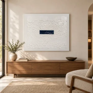 White Impasto Panel with Navy Bar, 120 x 100 cm in ivory — front view