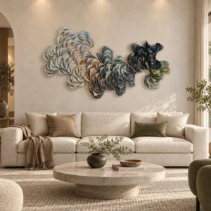 Layered Paper Petal Wall Sculpture in blue — front view