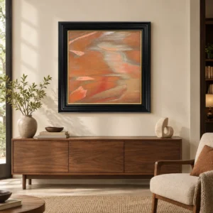 Coral and Grey Marbled Painting in Black Frame, 100 x 100 cm — front view