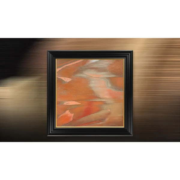 Coral and Grey Marbled Painting in Black Frame, 100 x 100 cm — in a room setting