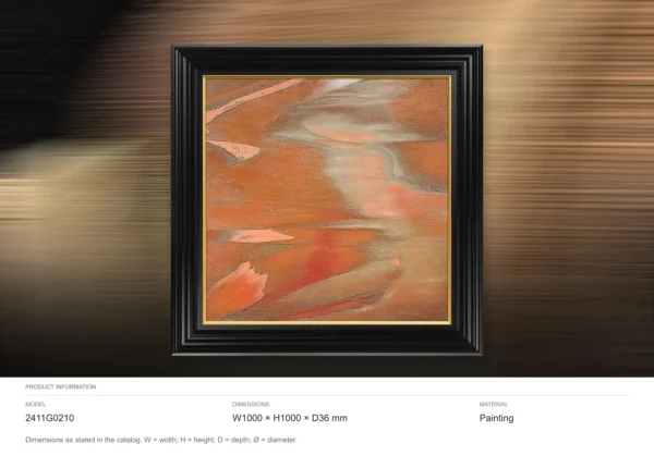 Coral and Grey Marbled Painting in Black Frame, 100 x 100 cm — dimensions