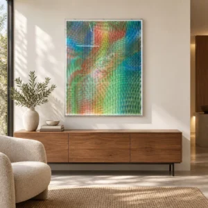 Rainbow Moiré Relief in White Frame, 80 x 100 cm — front view
