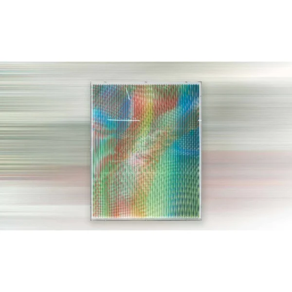 Rainbow Moiré Relief in White Frame, 80 x 100 cm — in a room setting