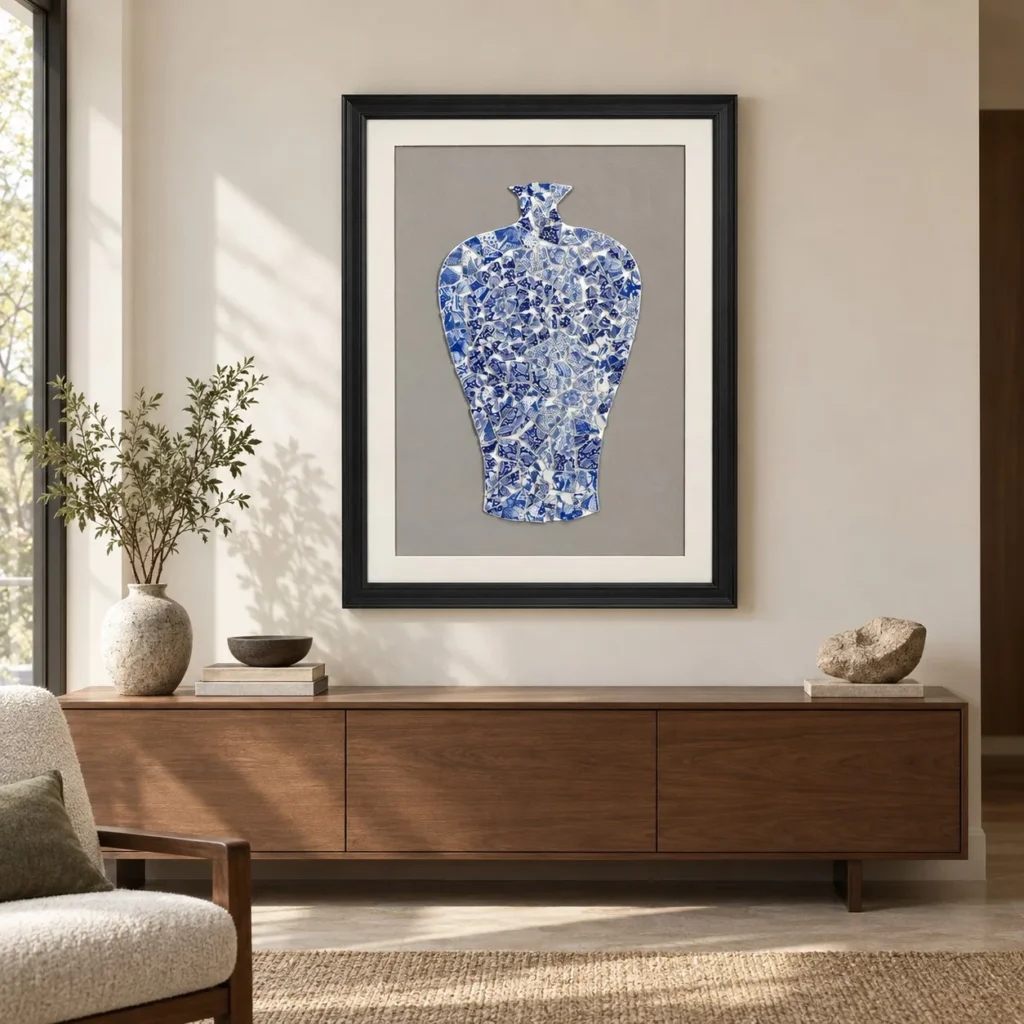 Blue and White Porcelain Vase Mosaic in blue — front view