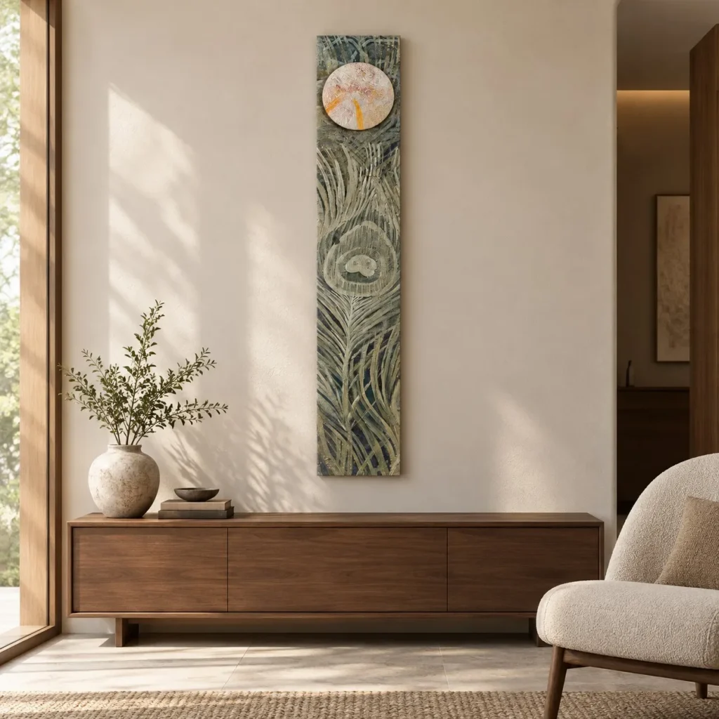 Tall Peacock Feather Painting, 30 x 160 cm in olive — front view