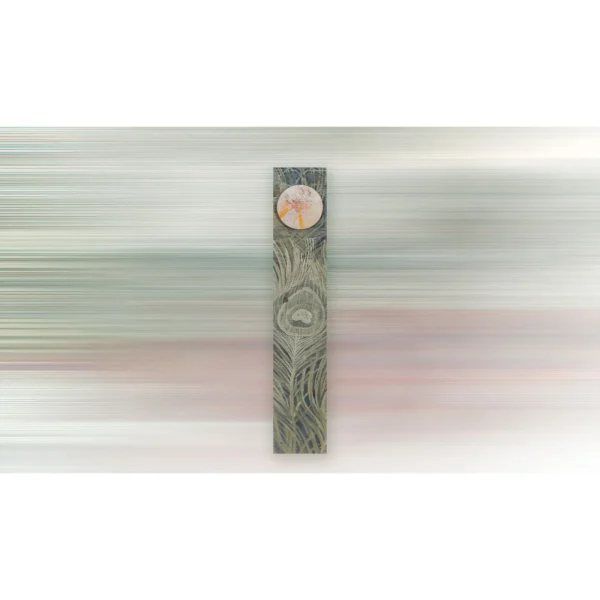 Tall Peacock Feather Painting, 30 x 160 cm in olive — in a room setting