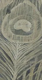 Tall Peacock Feather Painting, 30 x 160 cm in olive — detail