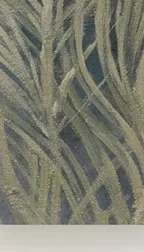 Tall Peacock Feather Painting, 30 x 160 cm in olive — detail