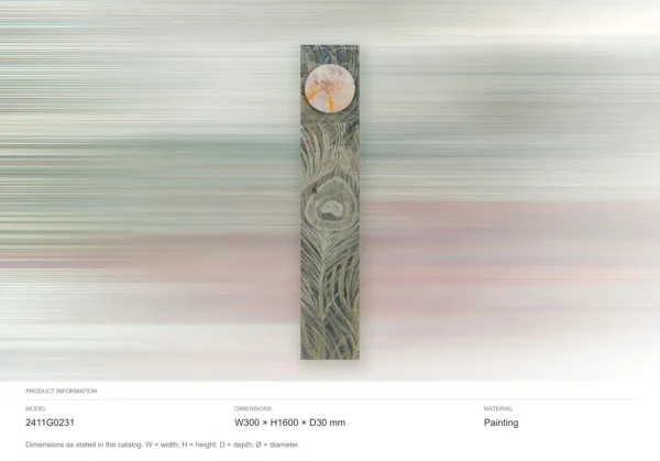 Tall Peacock Feather Painting, 30 x 160 cm in olive — dimensions