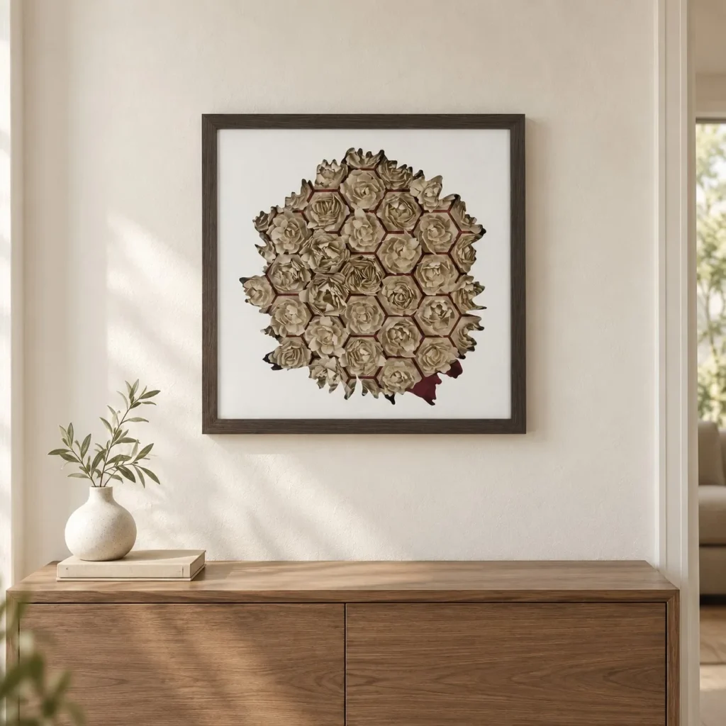 Gold Honeycomb Rose Relief in Dark Frame, 60 x 60 cm — front view