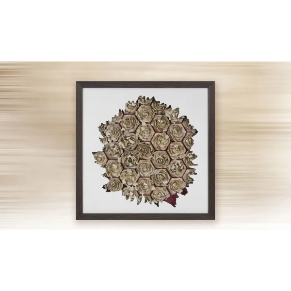 Gold Honeycomb Rose Relief in Dark Frame, 60 x 60 cm — in a room setting