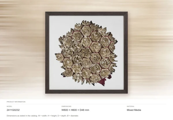 Gold Honeycomb Rose Relief in Dark Frame, 60 x 60 cm — dimensions