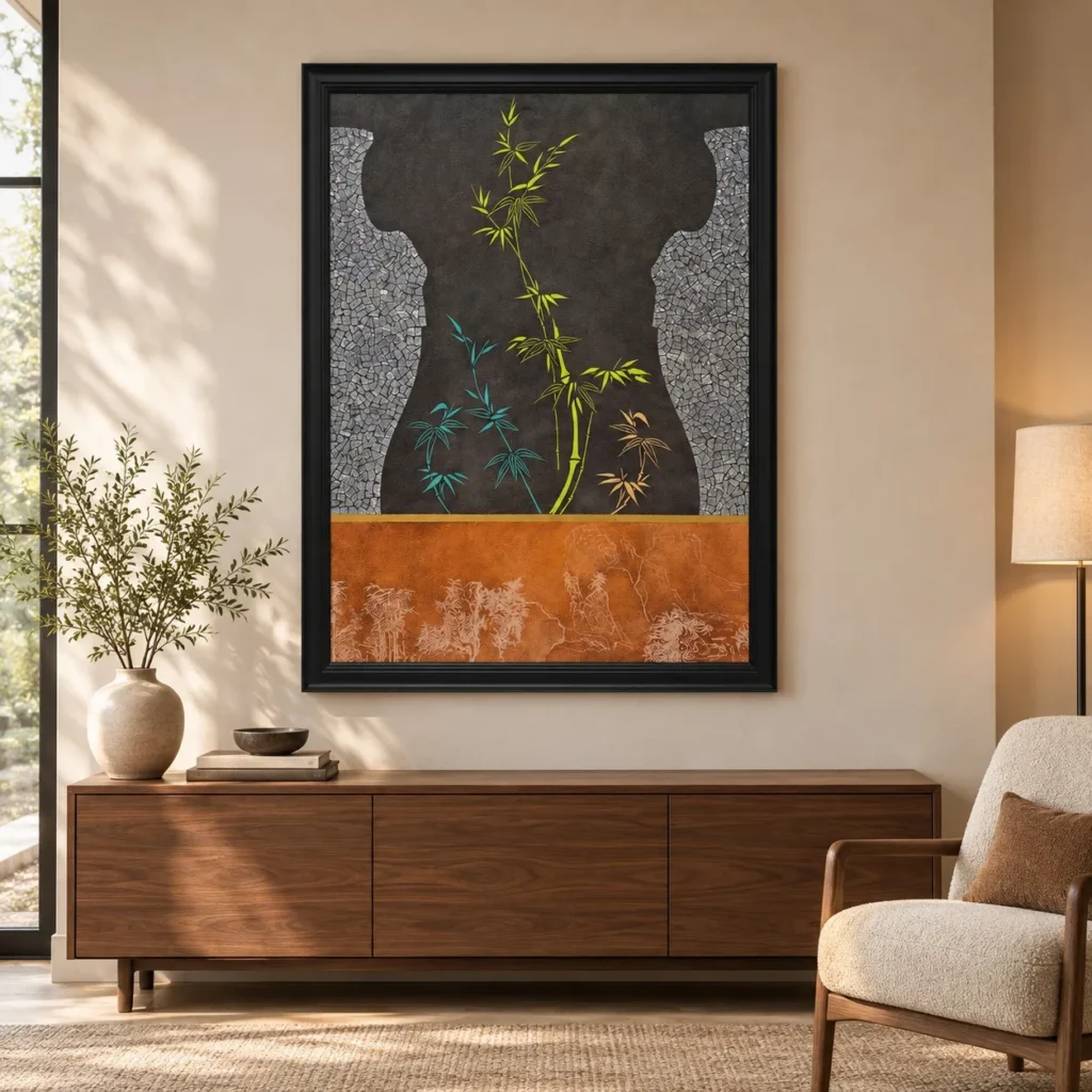 Bamboo Silhouette on Black and Rust Painting, 110 x 140 cm in black — front view