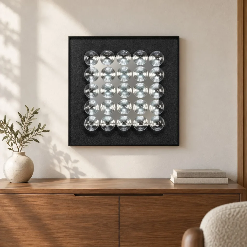 Silver Dome Grid Relief on Black, 50 x 50 cm in silver — front view