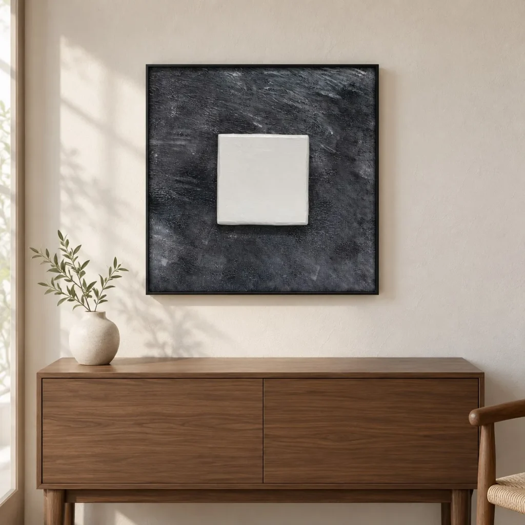 White Square on Charcoal Textured Wall Art in Black Frame — front view