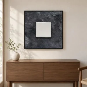 White Square on Charcoal Textured Wall Art in Black Frame — front view