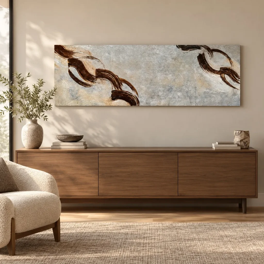 Panoramic Ink Ribbon Painting on Grey Wash, 120 x 40 cm in slate — front view