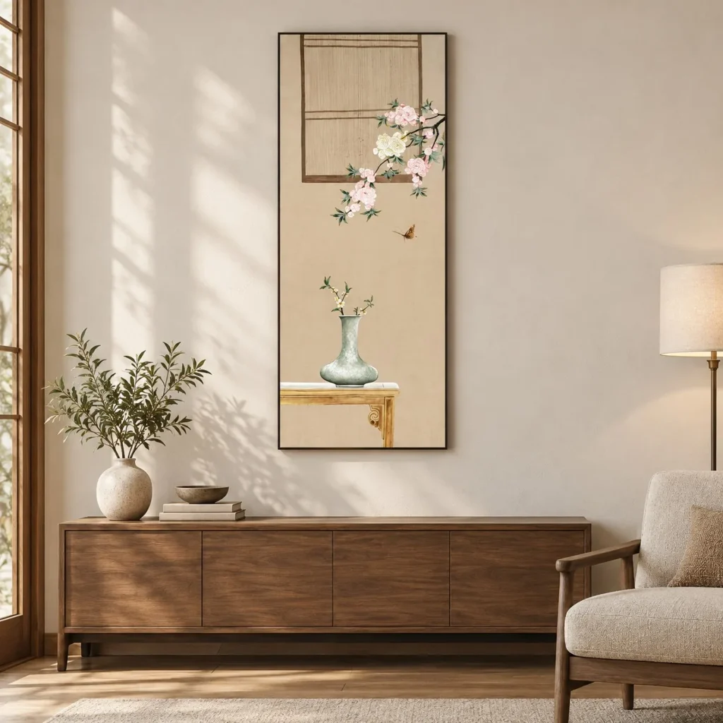 Tall Blossom Vase Still Life Painting in sand — front view