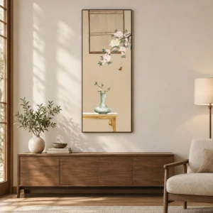 Tall Blossom Vase Still Life Painting in sand — front view